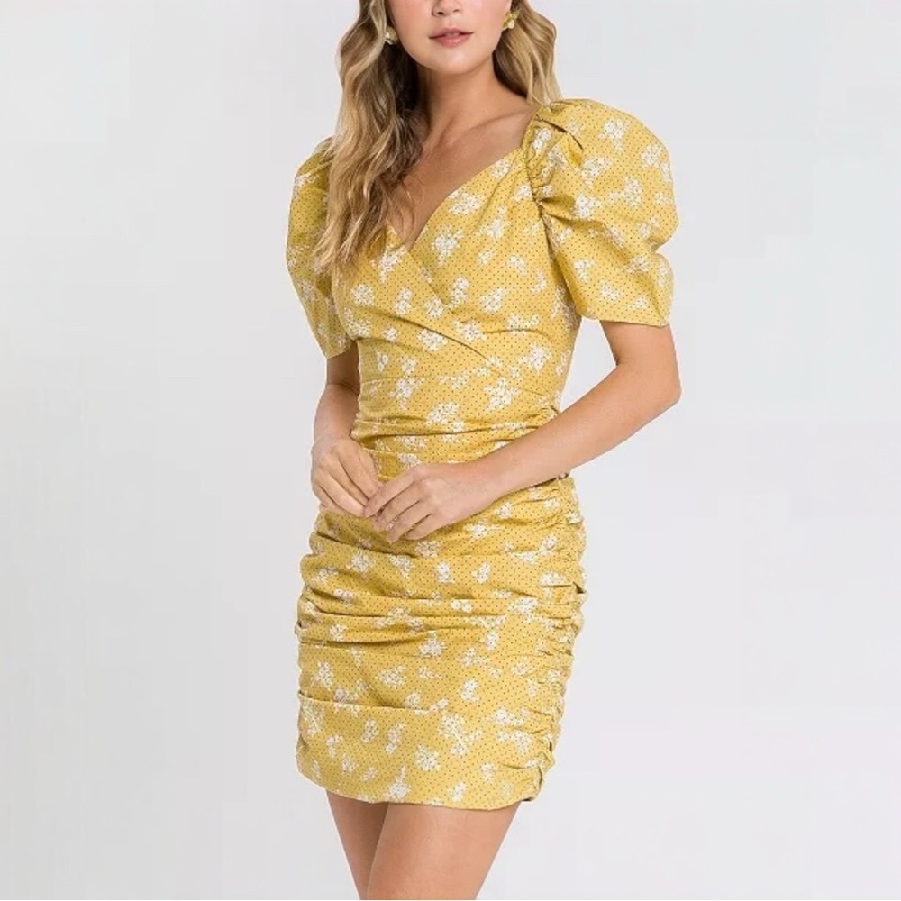 English Factory Yellow Floral Wrap Ruched Puff-Sleeve Mini Dress